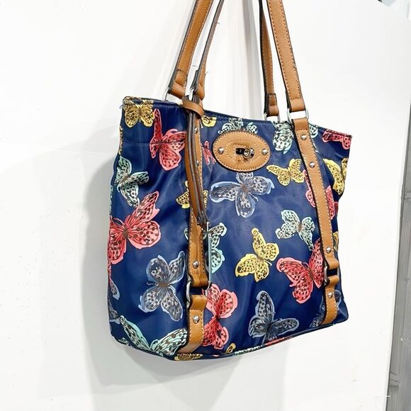 Franco Sarto handbag Navy butterfly print Water resistant Tote Bag Twist Clasp - Picture 2 of 12